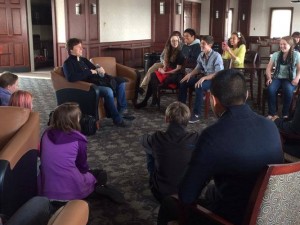 Joshua Bell speaks with young musicians at the Stevens Center
