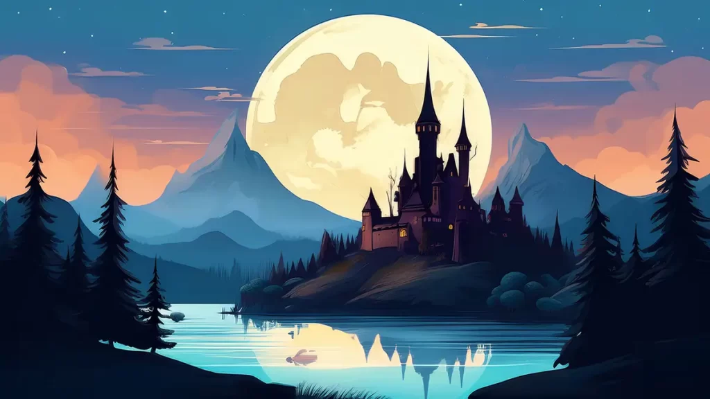 A Hogwarts-style castle on a hill in a lake, silhouetted by the moon.