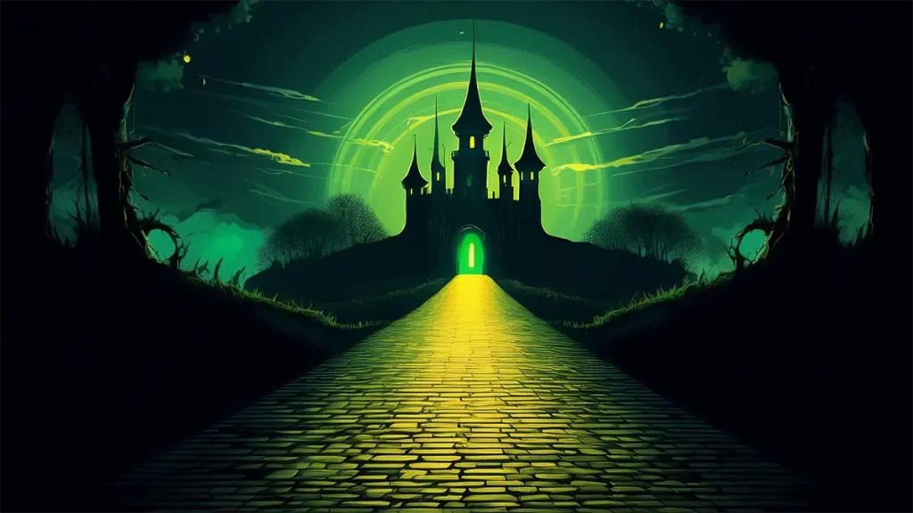 A dark, green, glowing background. The yellow brick road leading to Oz